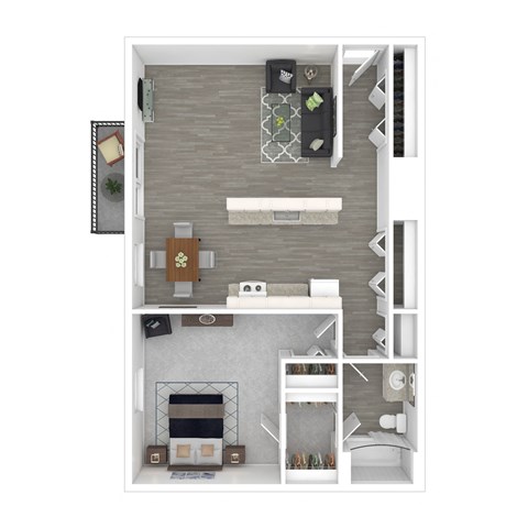 a stylized floor plan with a bedroom and a living room